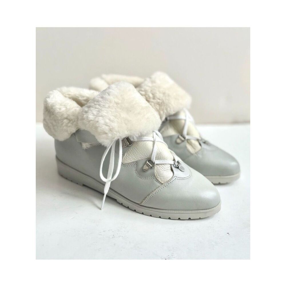 La Canadienne Wedge Heel Boots Pale Dove Gray White Leather Shearling Size 7